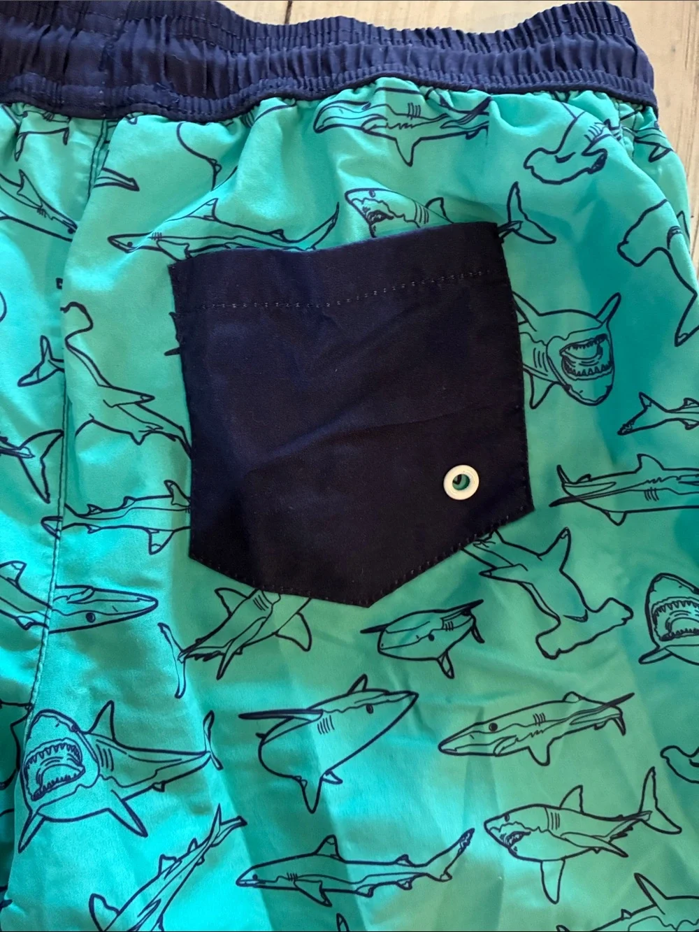 Tommy Bahama Teal Shark Print Kids Swim Trunks